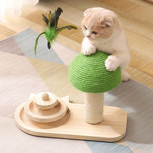 Premium Katzen Kratzbaum mit Spielzeug - Interaktiver Kratzpfosten mit Federstab & Holzkugeln