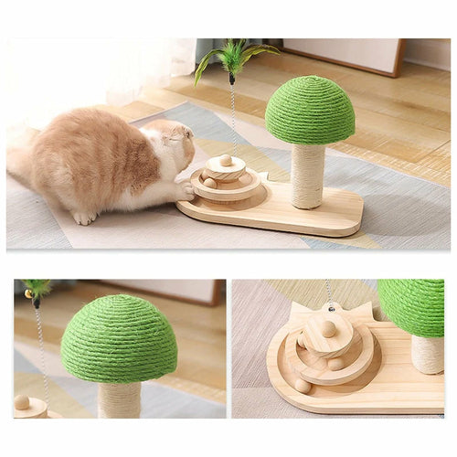 Premium Katzen Kratzbaum mit Spielzeug - Interaktiver Kratzpfosten mit Federstab & Holzkugeln