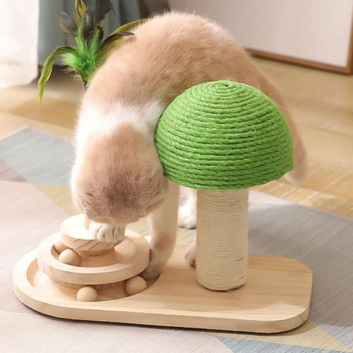 Premium Katzen Kratzbaum mit Spielzeug - Interaktiver Kratzpfosten mit Federstab & Holzkugeln
