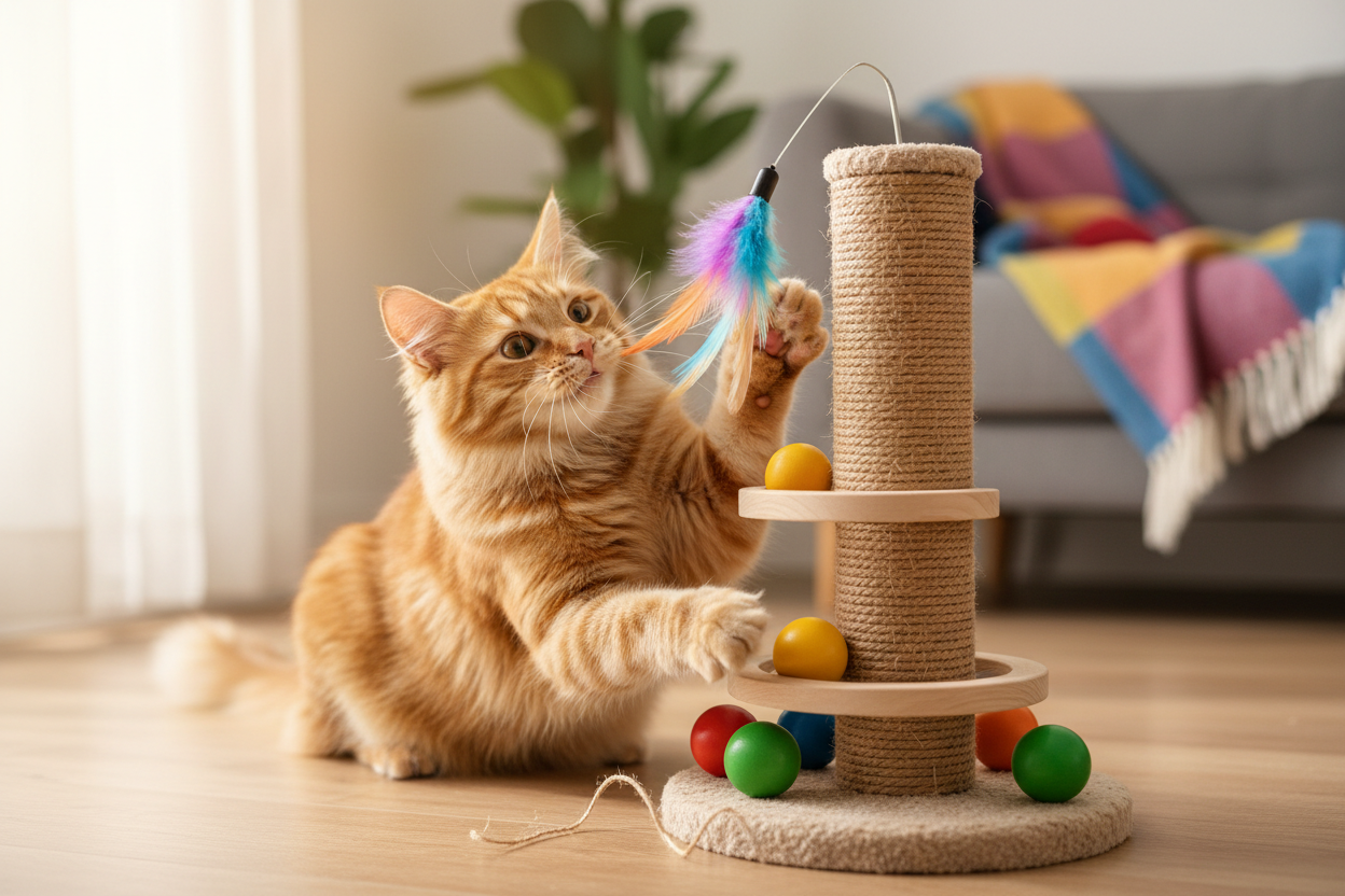 Katze spielt mit Kratzbaum und Federspielzeug